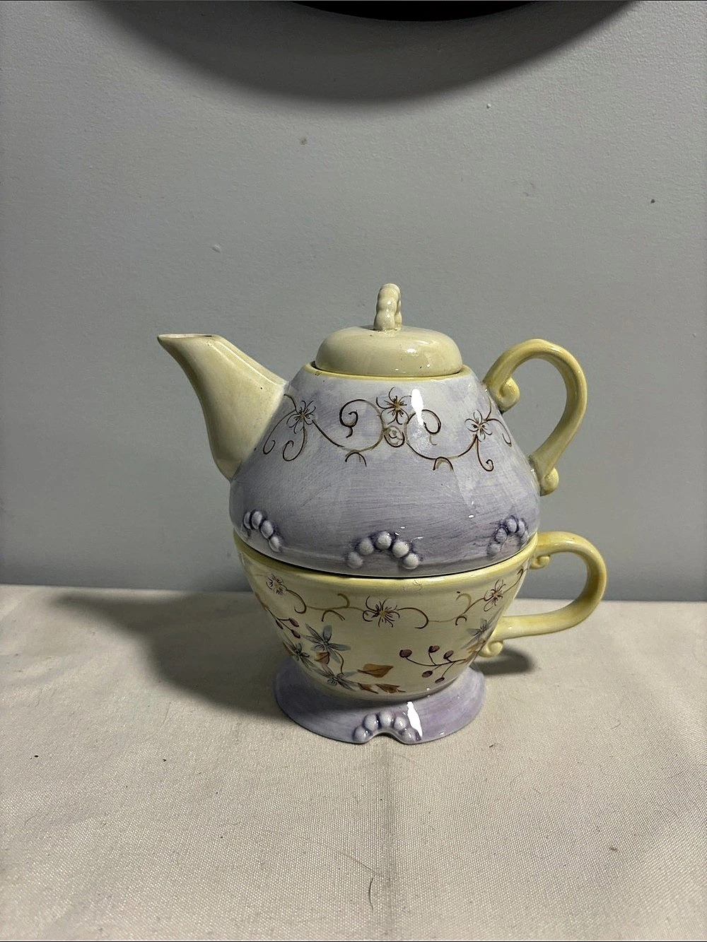 1990’s Floral Teapot and Cup Set in Yellow & Purple